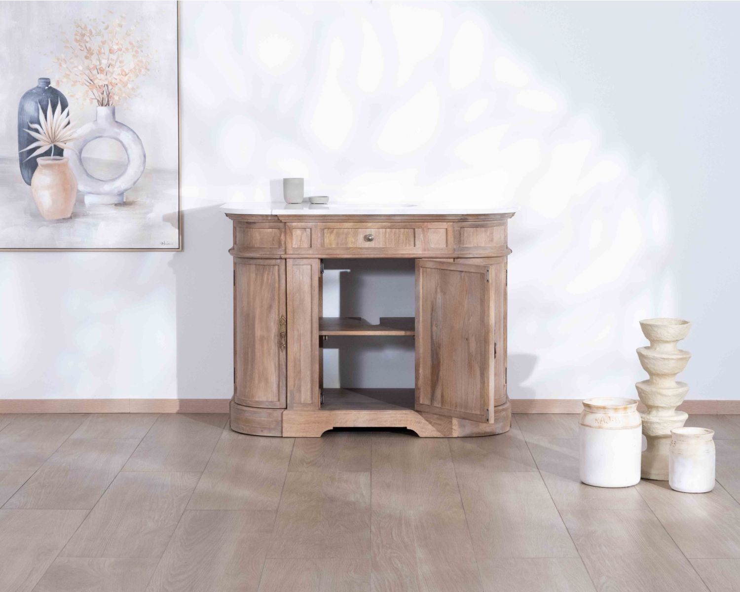 Meuble salle de bain 1 vasque manguier massif quartz blanc "Églantine"