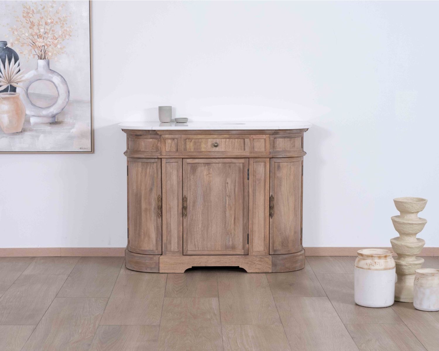 Meuble salle de bain 1 vasque manguier massif quartz blanc "Églantine"