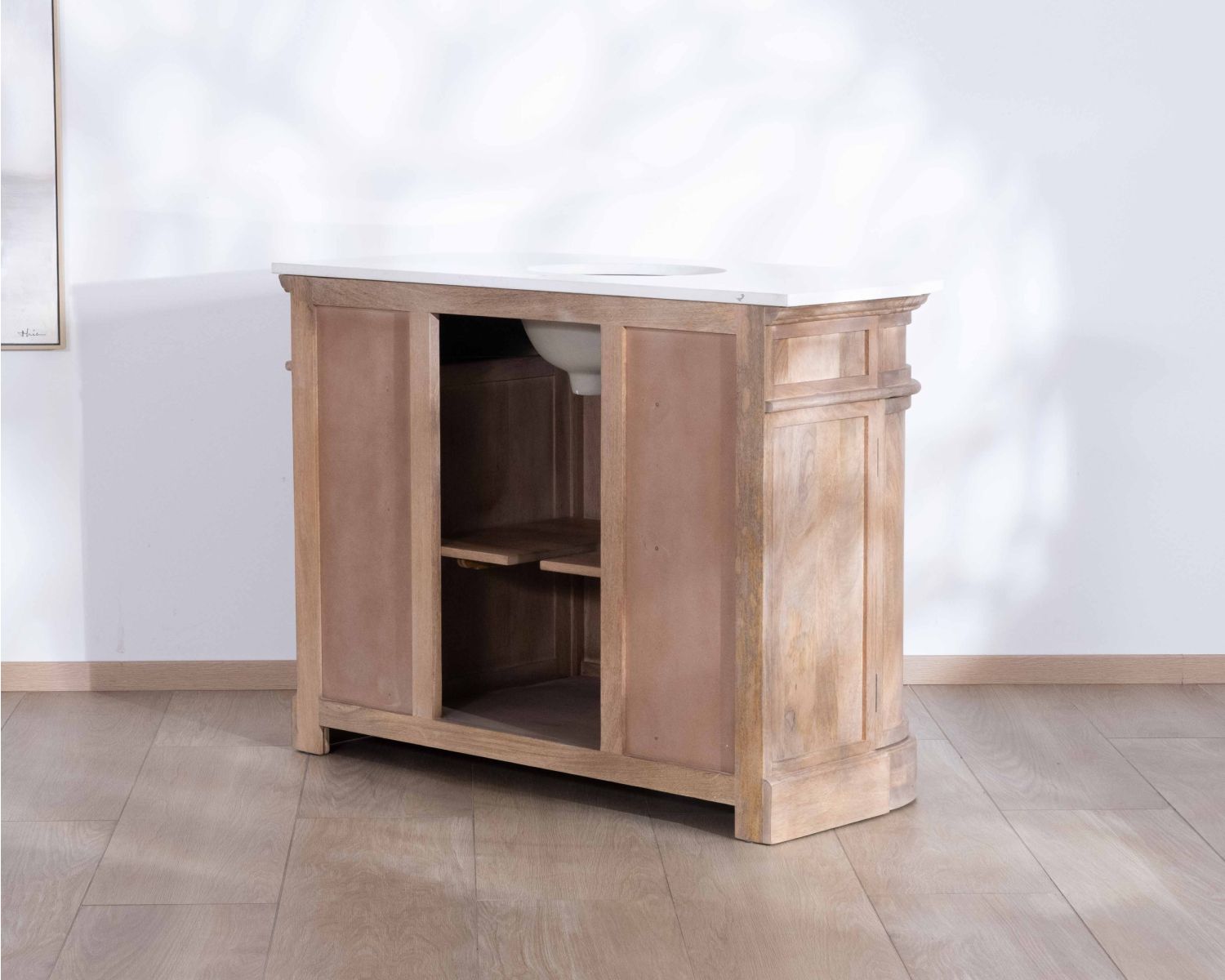 Meuble salle de bain 1 vasque manguier massif quartz blanc "Églantine"