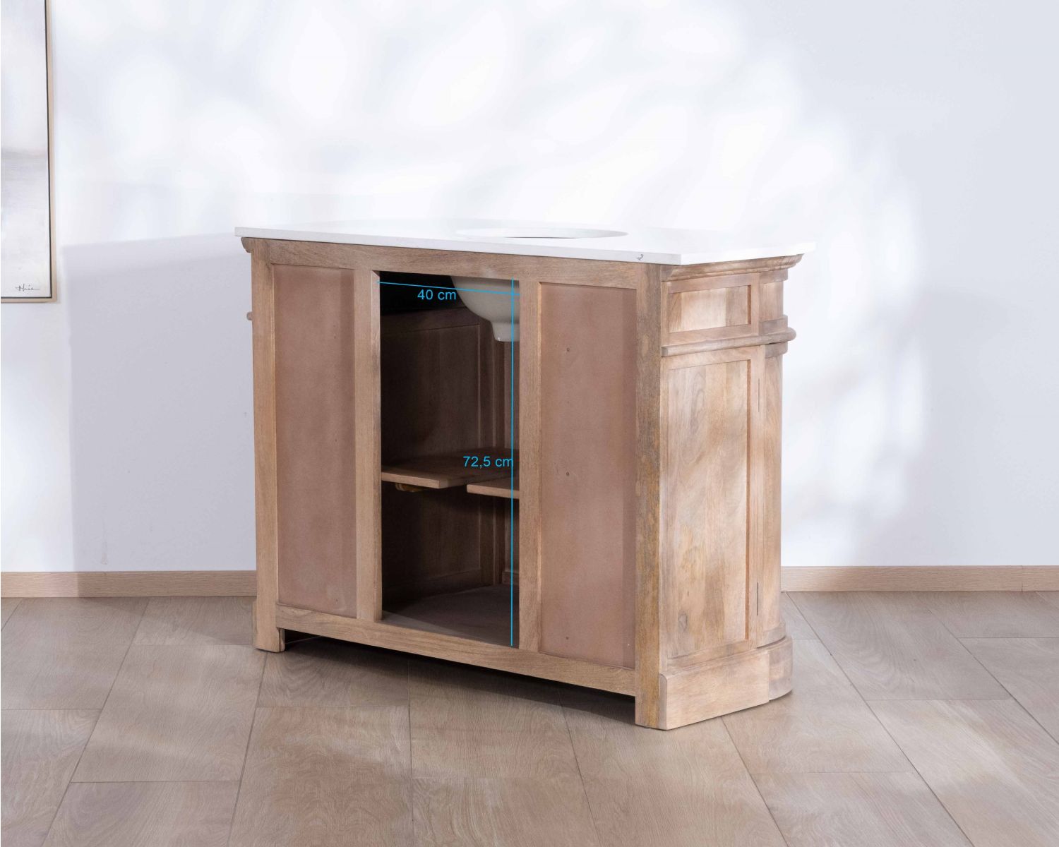 Meuble salle de bain 1 vasque manguier massif quartz blanc "Églantine"