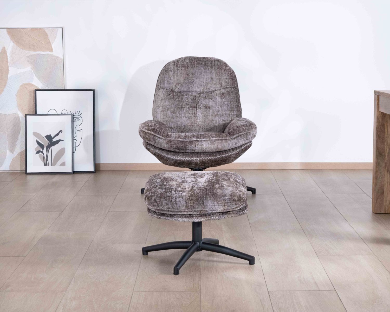 Fauteuil confort gris cendré esprit rétro avec repose-pieds "Branson" pivotant 360°