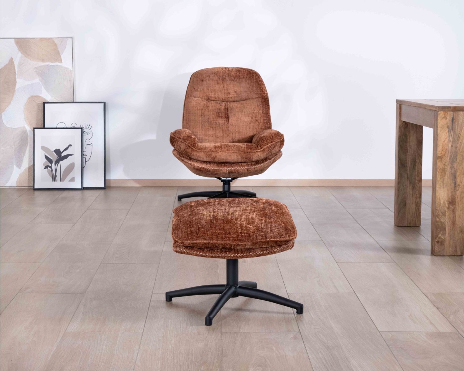 Fauteuil de relaxation avec pouf en tissu doux terracotta "Branson" pivotant 360°