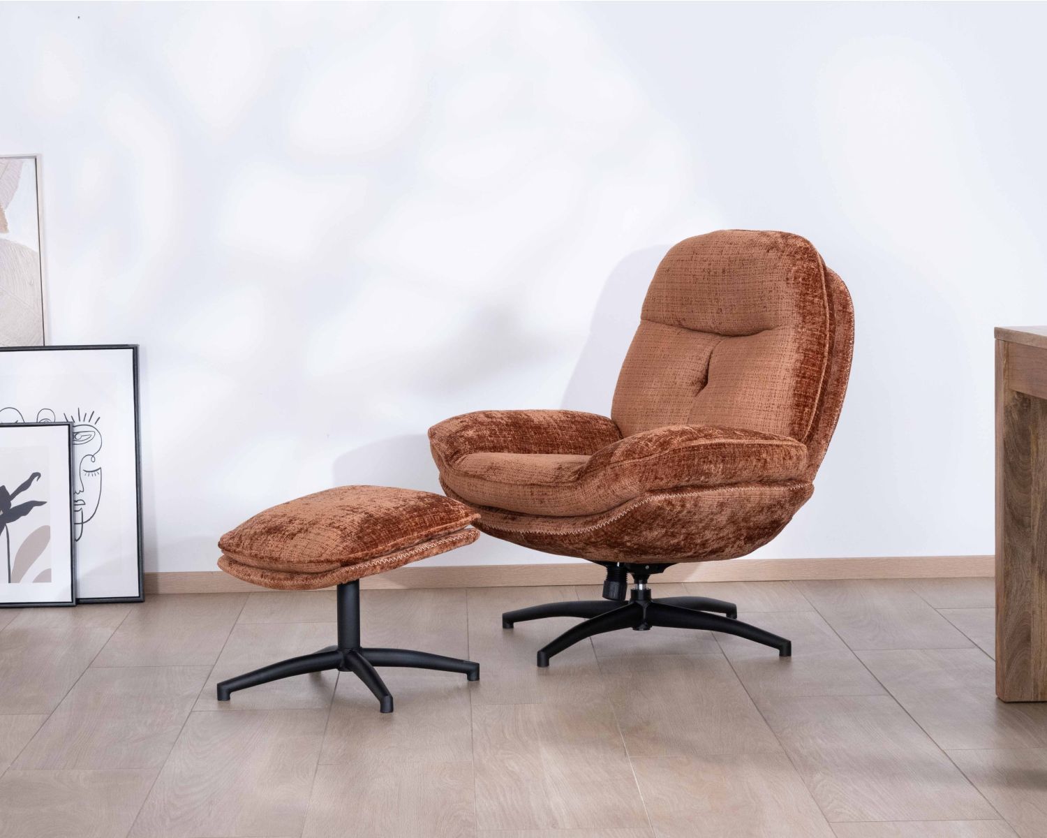 Fauteuil de relaxation avec pouf en tissu doux terracotta "Branson" pivotant 360°