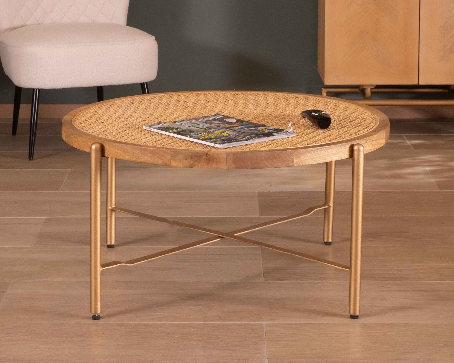 Table basse ronde plateau avec cannage et pieds dorés "Pop Vintage"