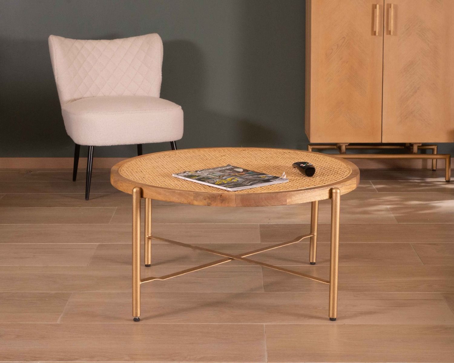Table basse ronde plateau avec cannage et pieds dorés "Pop Vintage"