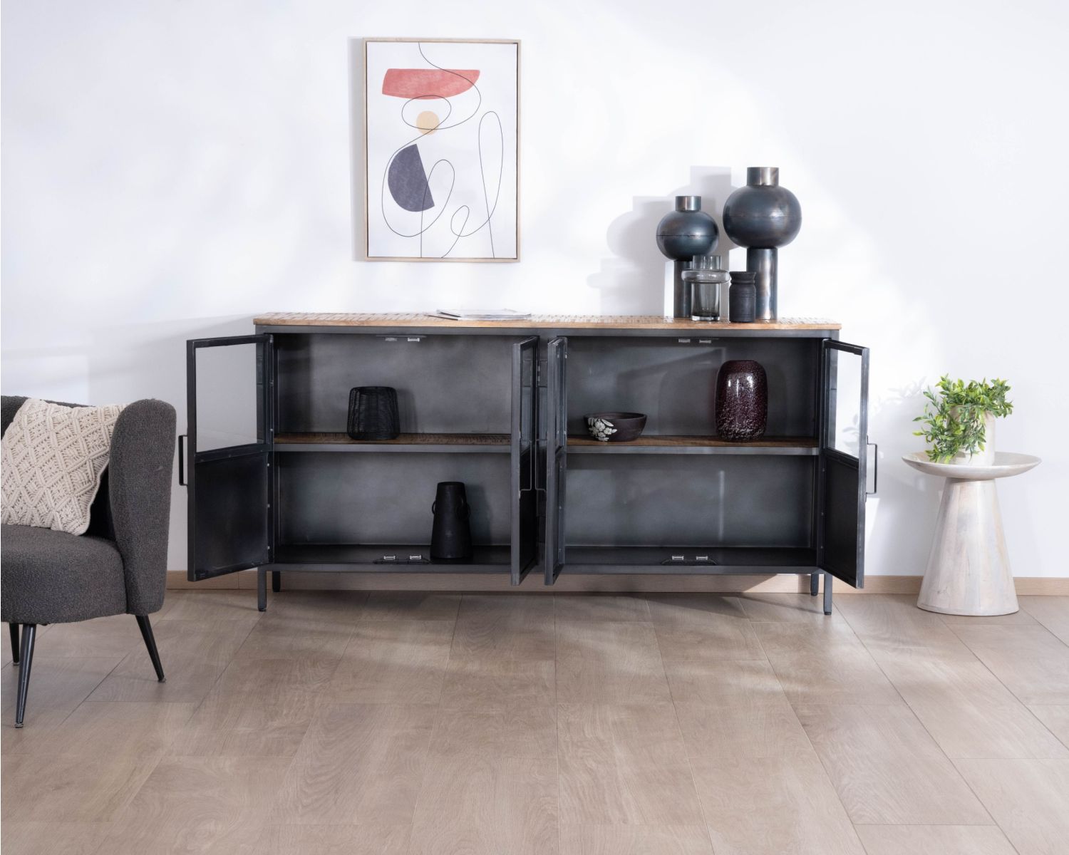 Buffet industriel vitré en métal et bois exotique 180 cm "Dowtoun"