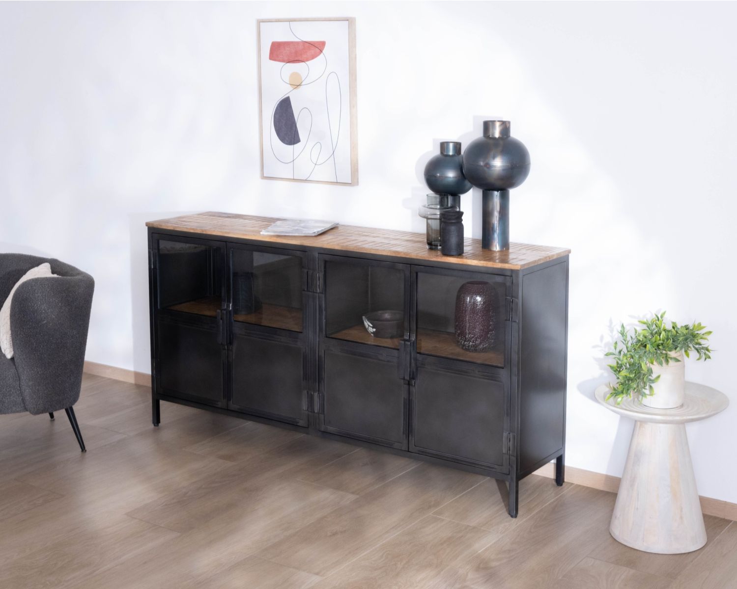 Buffet industriel vitré en métal et bois exotique 180 cm "Dowtoun"