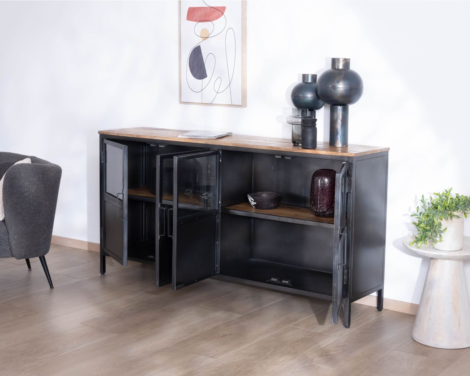 Buffet industriel vitré en métal et bois exotique 180 cm "Dowtoun"