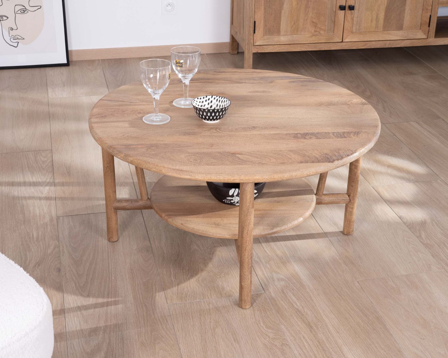 Table de salon ronde à double plateau en manguier "Plume" Diamètre 90 cm