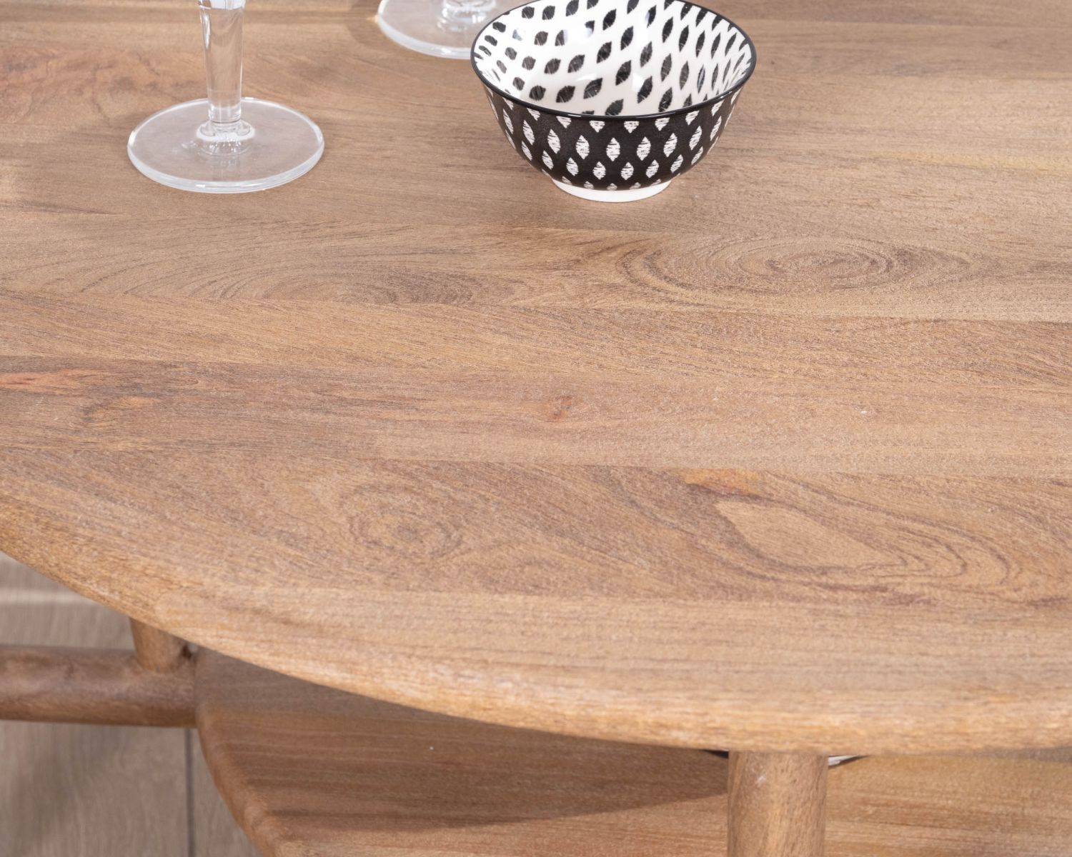 Table de salon ronde à double plateau en manguier "Plume" Diamètre 90 cm