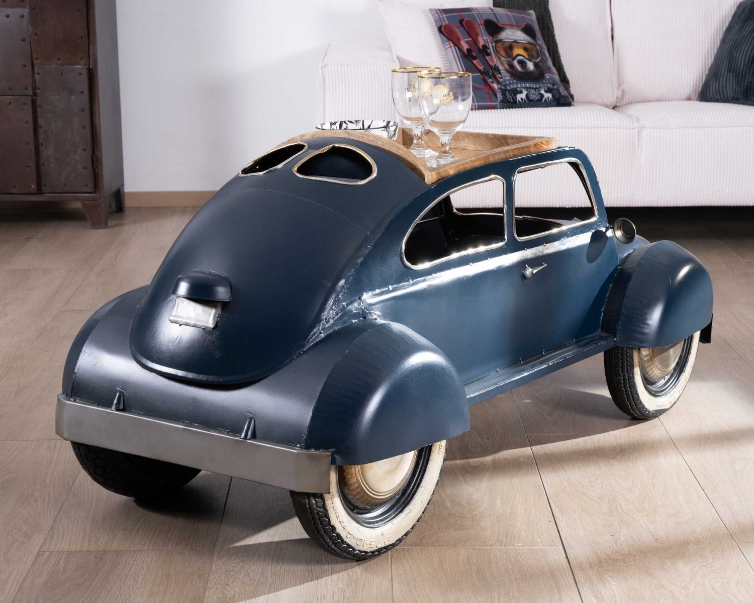 Originale table basse voiture vintage bleu "Crazy"