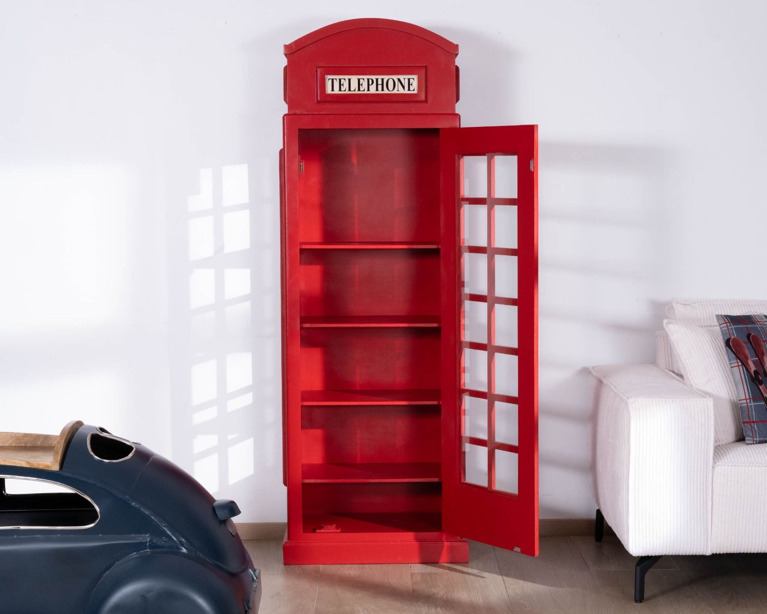 Vitrine cabine téléphonique londonienne rouge "Crazy"