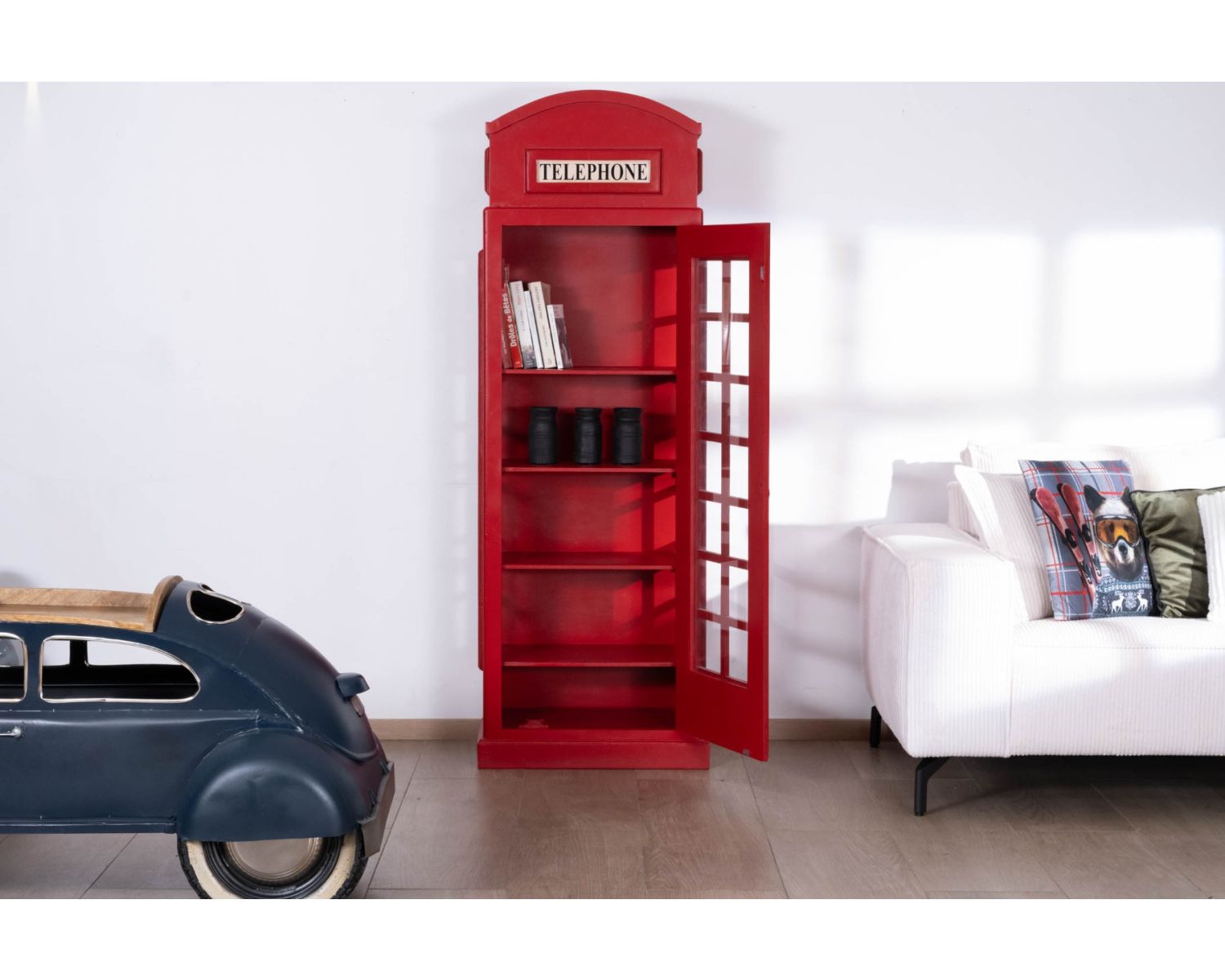 Vitrine cabine téléphonique londonienne rouge "Crazy"