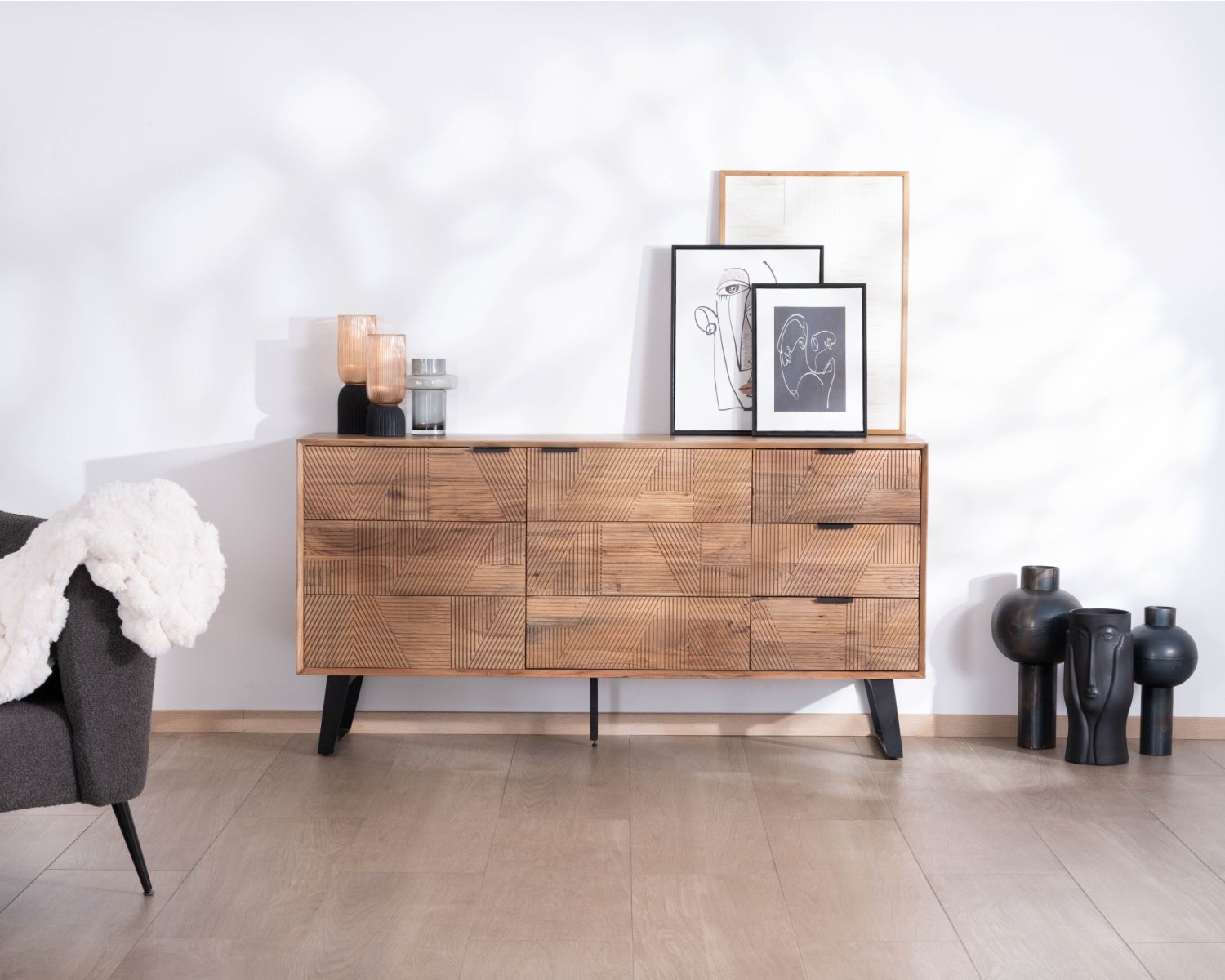 Meuble de rangement bas 160 cm avec tiroirs "Uky" design contemporain esprit rétro