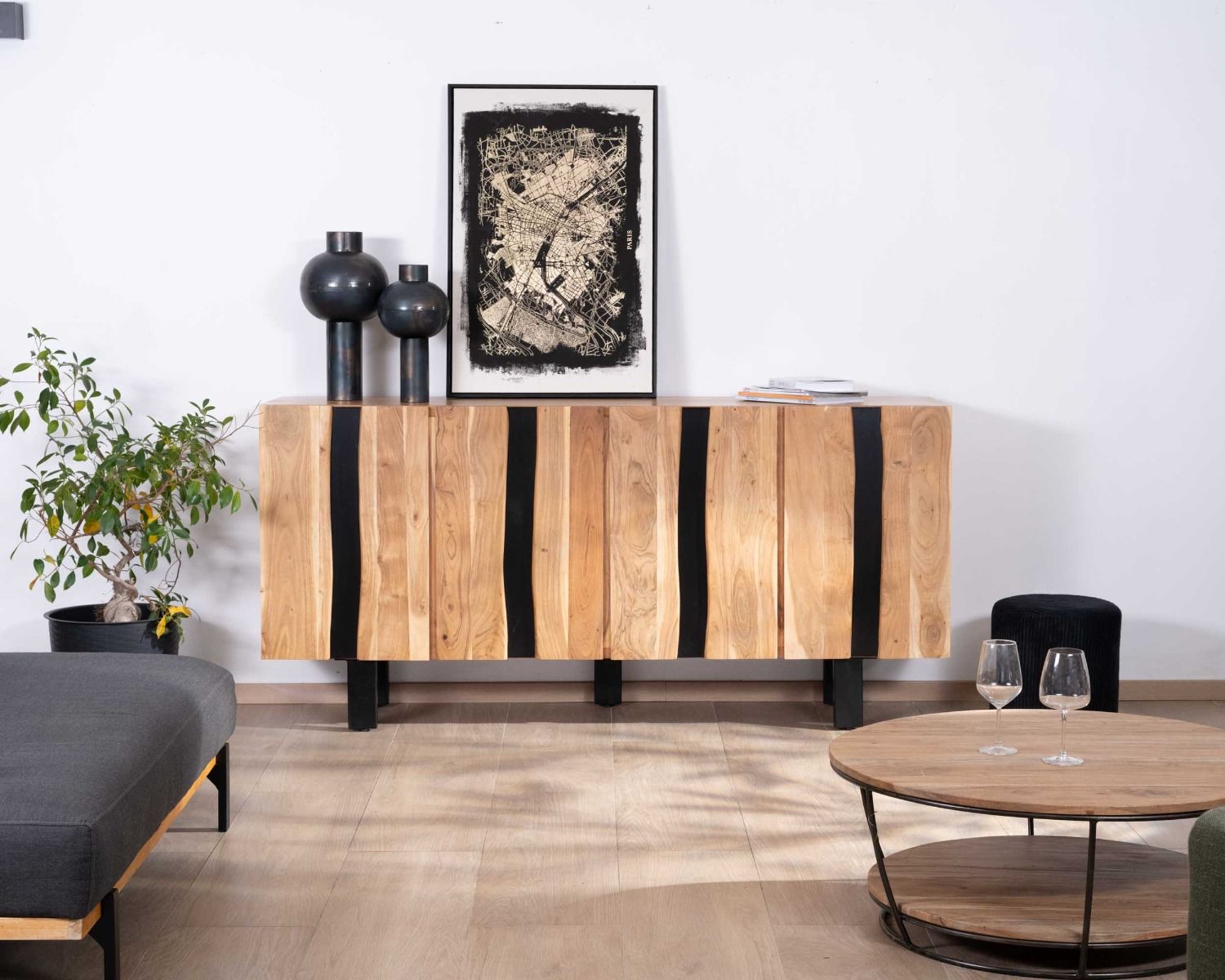 Grand buffet design 190cm en bois massif d’acacia et métal noir "Zen Black"