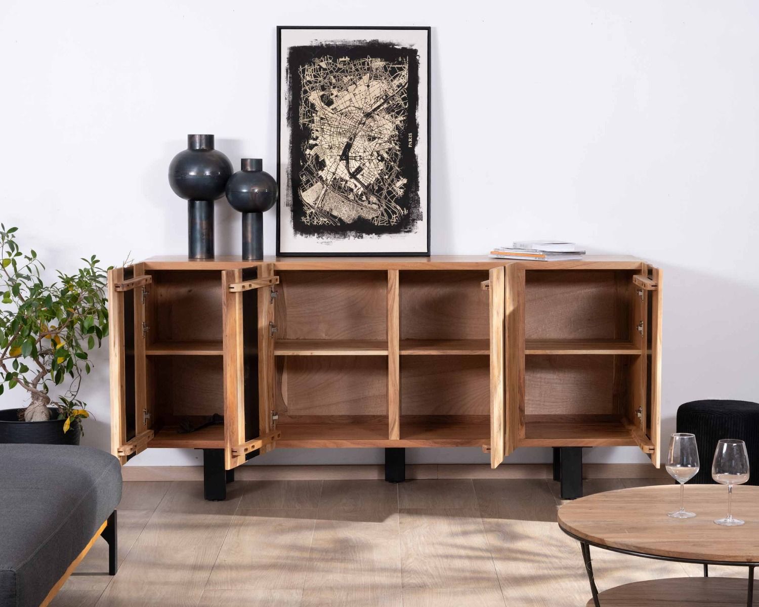 Grand buffet design 190cm en bois massif d’acacia et métal noir "Zen Black"