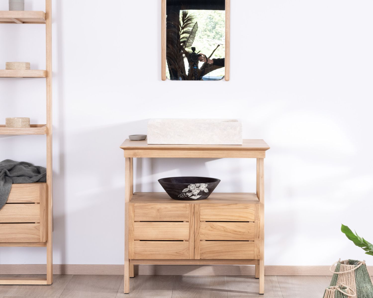 Meuble sous vasque 80 cm design japandi en teck "Beau Matin"