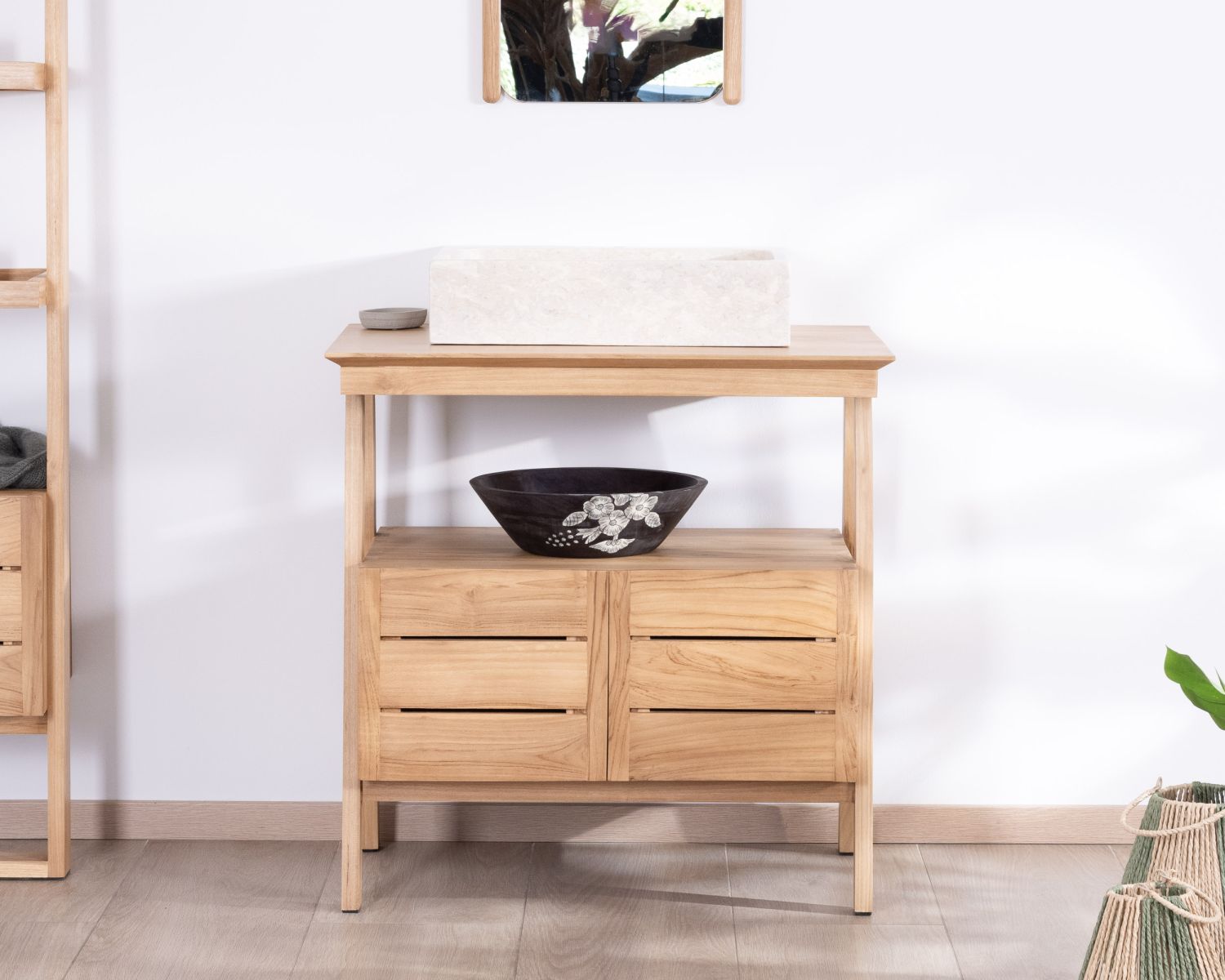 Meuble sous vasque 80 cm design japandi en teck "Beau Matin"