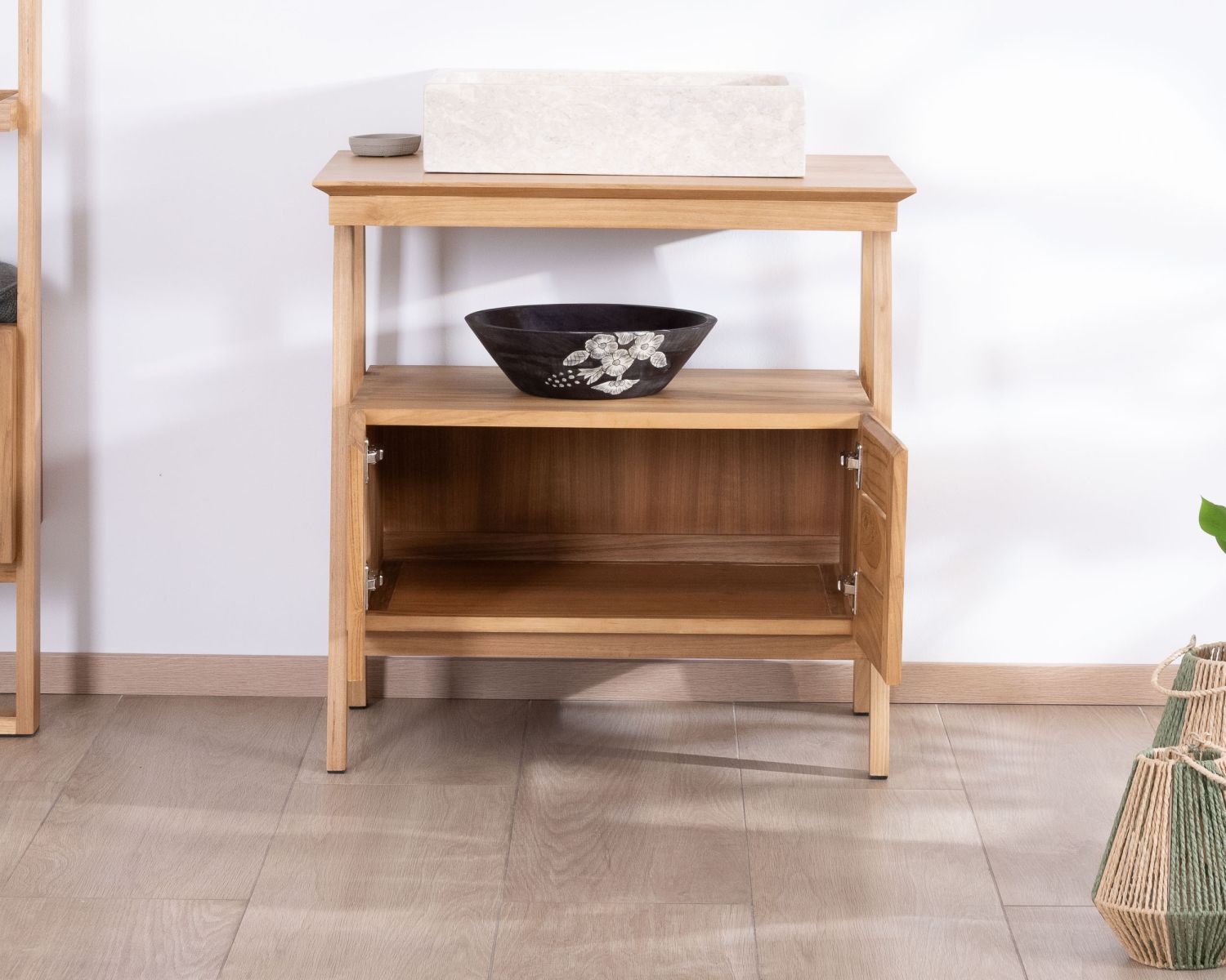 Meuble sous vasque 80 cm design japandi en teck "Beau Matin"