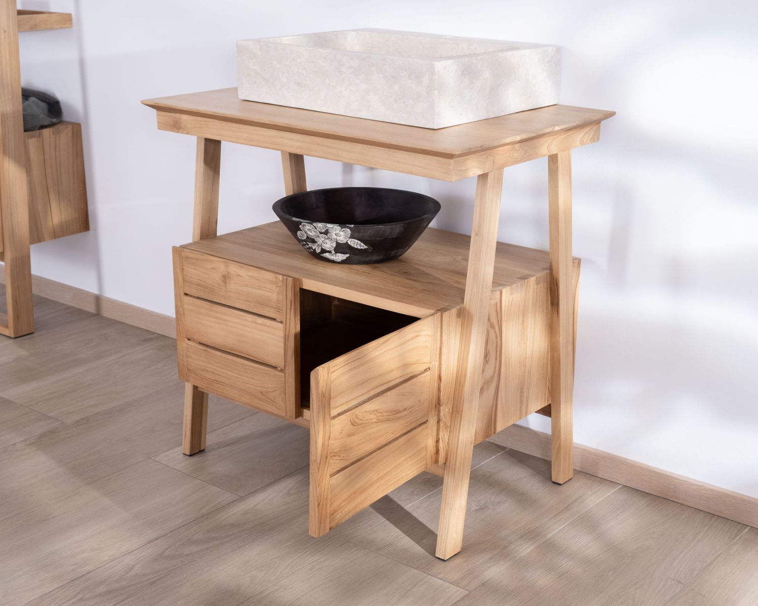 Meuble sous vasque 80 cm design japandi en teck "Beau Matin"
