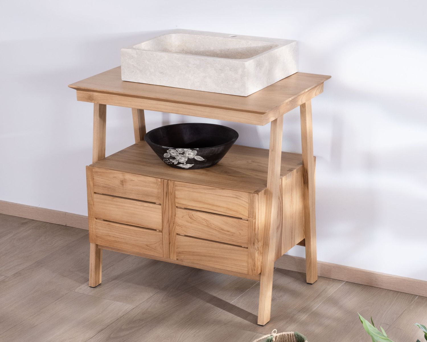Meuble sous vasque 80 cm design japandi en teck "Beau Matin"