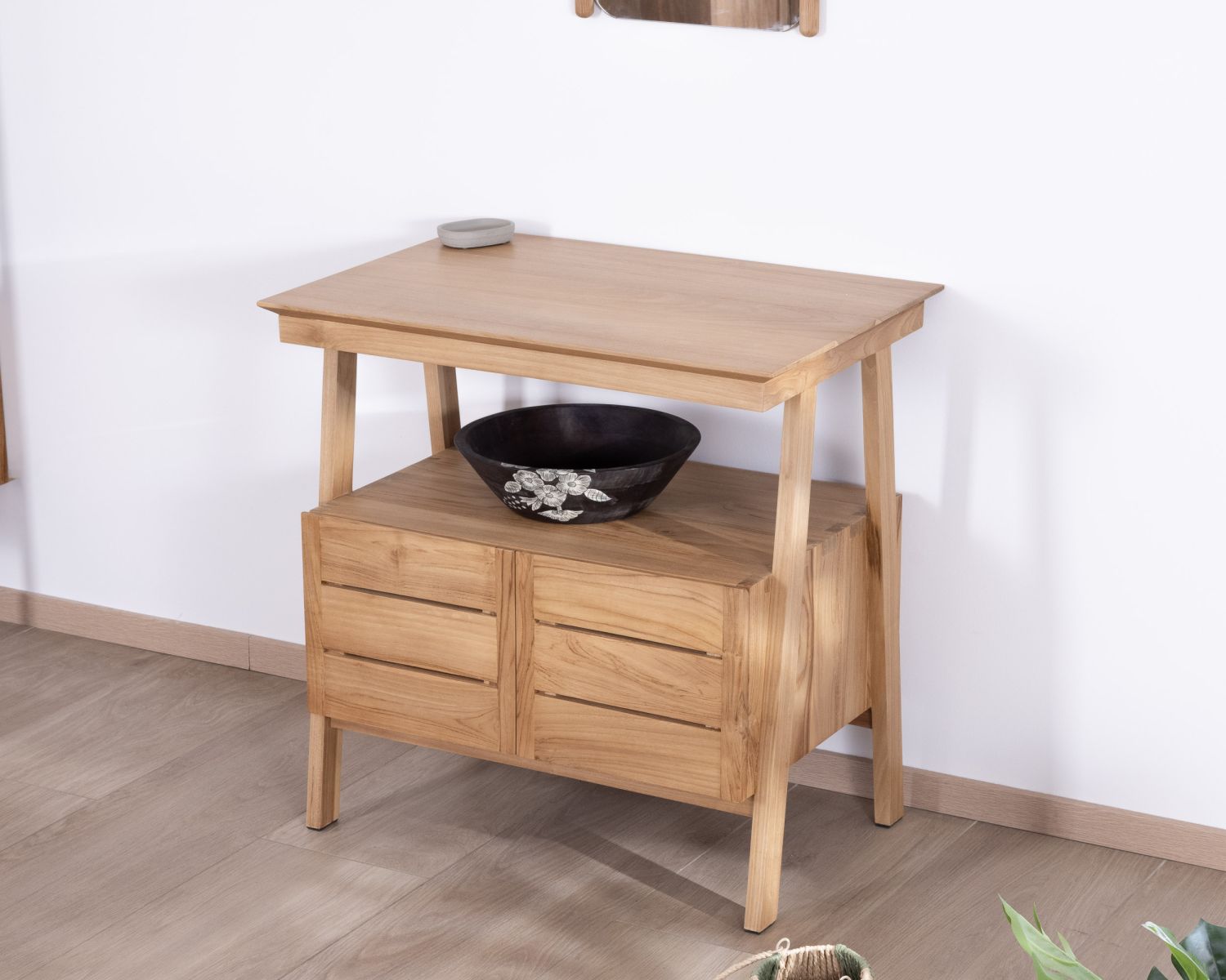 Meuble sous vasque 80 cm design japandi en teck "Beau Matin"