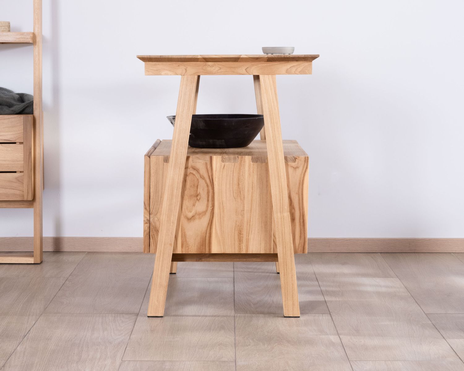 Meuble sous vasque 80 cm design japandi en teck "Beau Matin"
