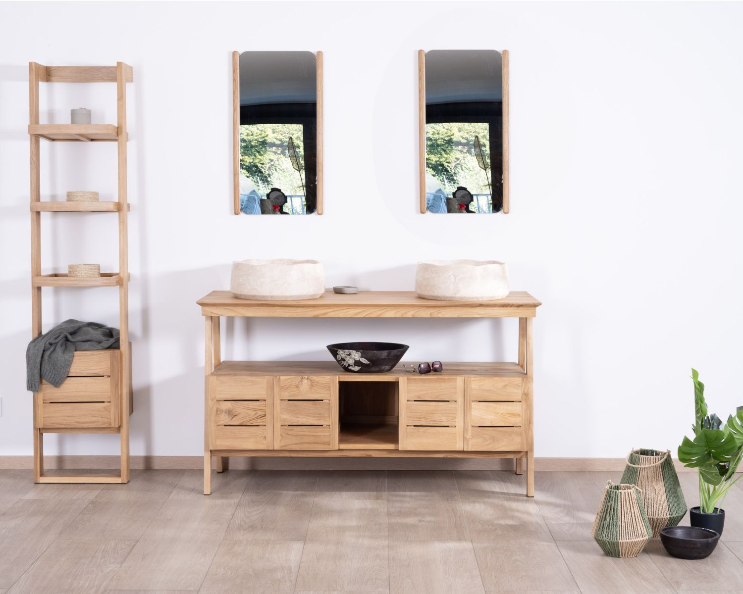 Meuble sous vasque double 140 cm en teck "Beau Matin" design japandi