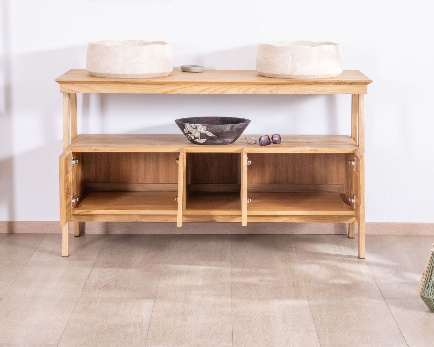 Meuble sous vasque double 140 cm en teck "Beau Matin" design japandi