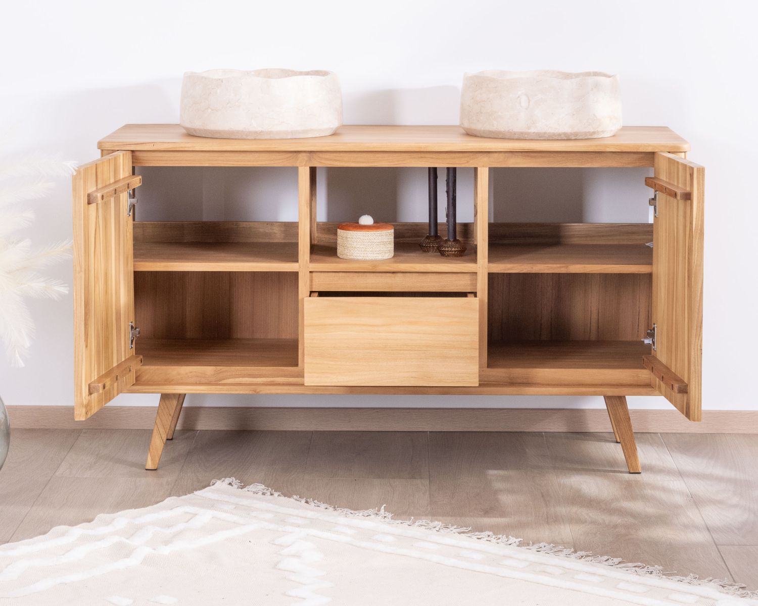 Meuble sous vasque double en teck design rétro "Aloha" 140 cm