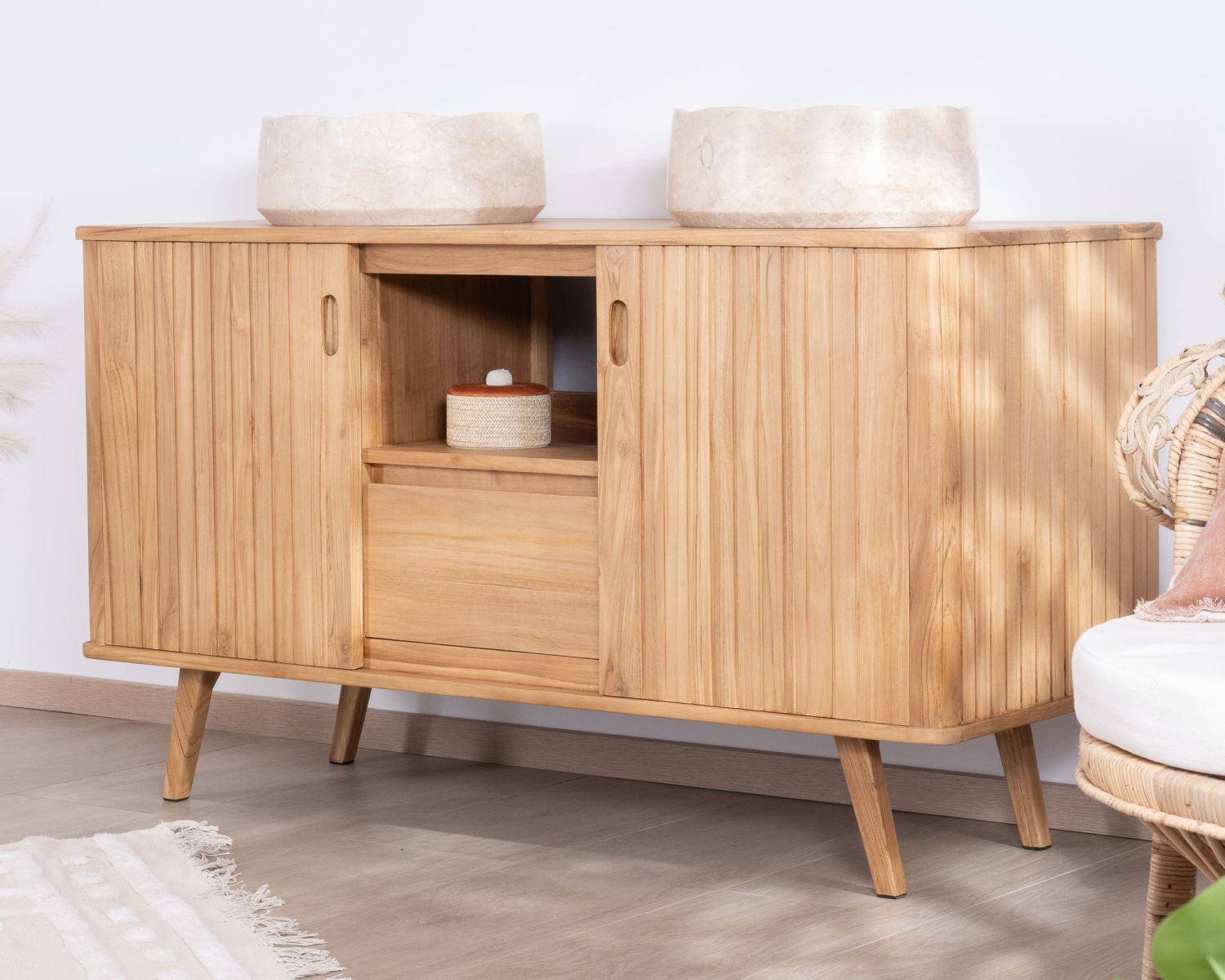 Meuble sous vasque double en teck design rétro "Aloha" 140 cm