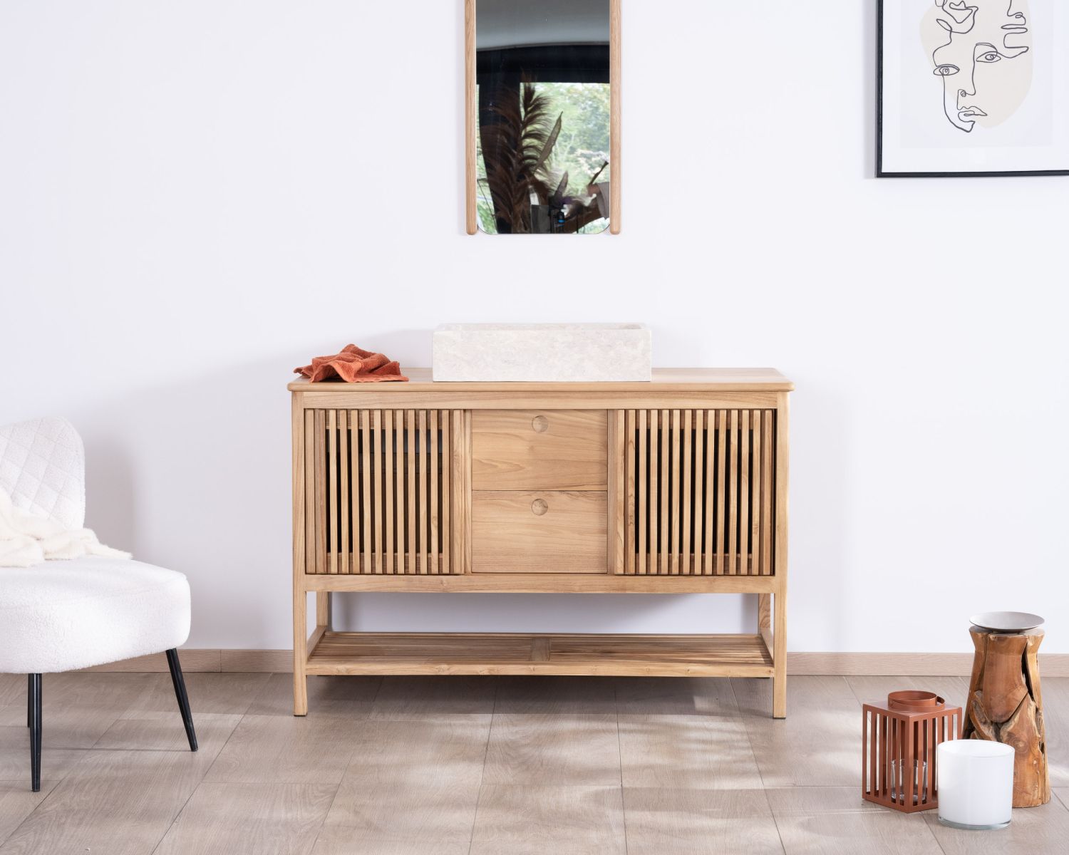 Meuble sous vasque 120 cm en teck 2 portes coulissantes "Bulle"