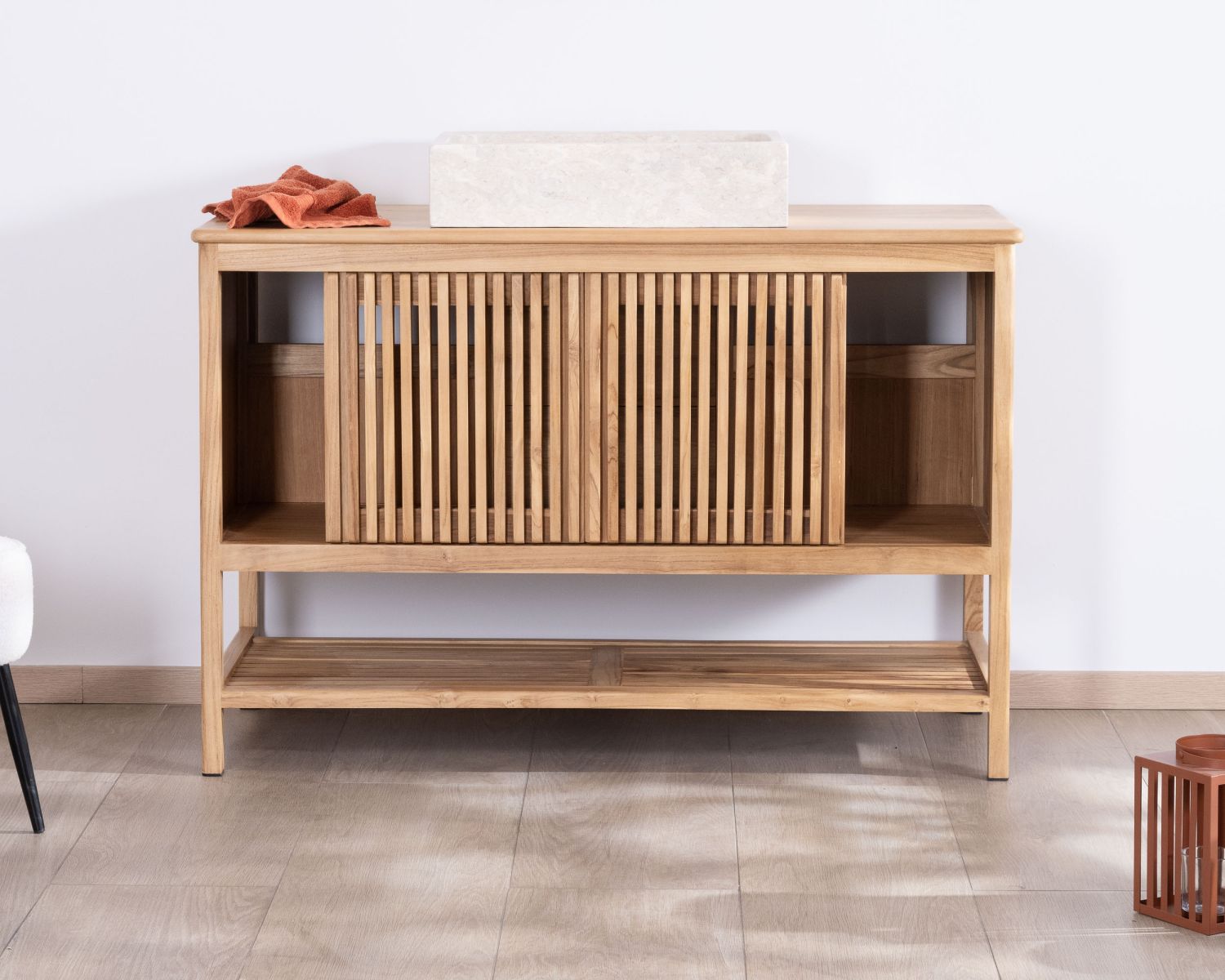 Meuble sous vasque 120 cm en teck 2 portes coulissantes "Bulle"