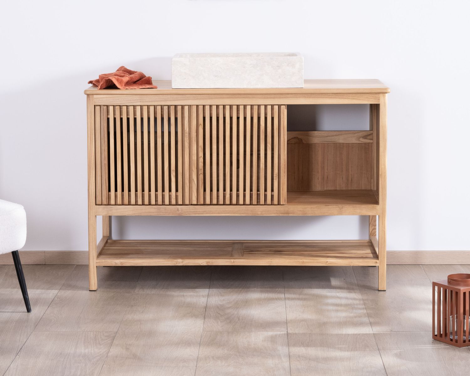 Meuble sous vasque 120 cm en teck 2 portes coulissantes "Bulle"