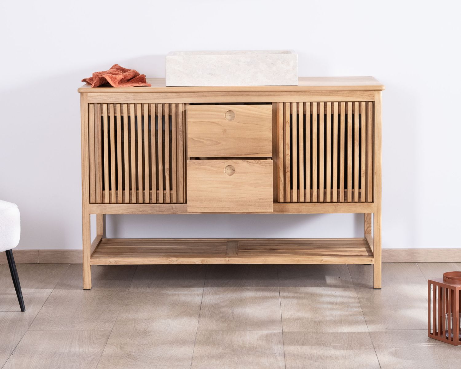 Meuble sous vasque 120 cm en teck 2 portes coulissantes "Bulle"