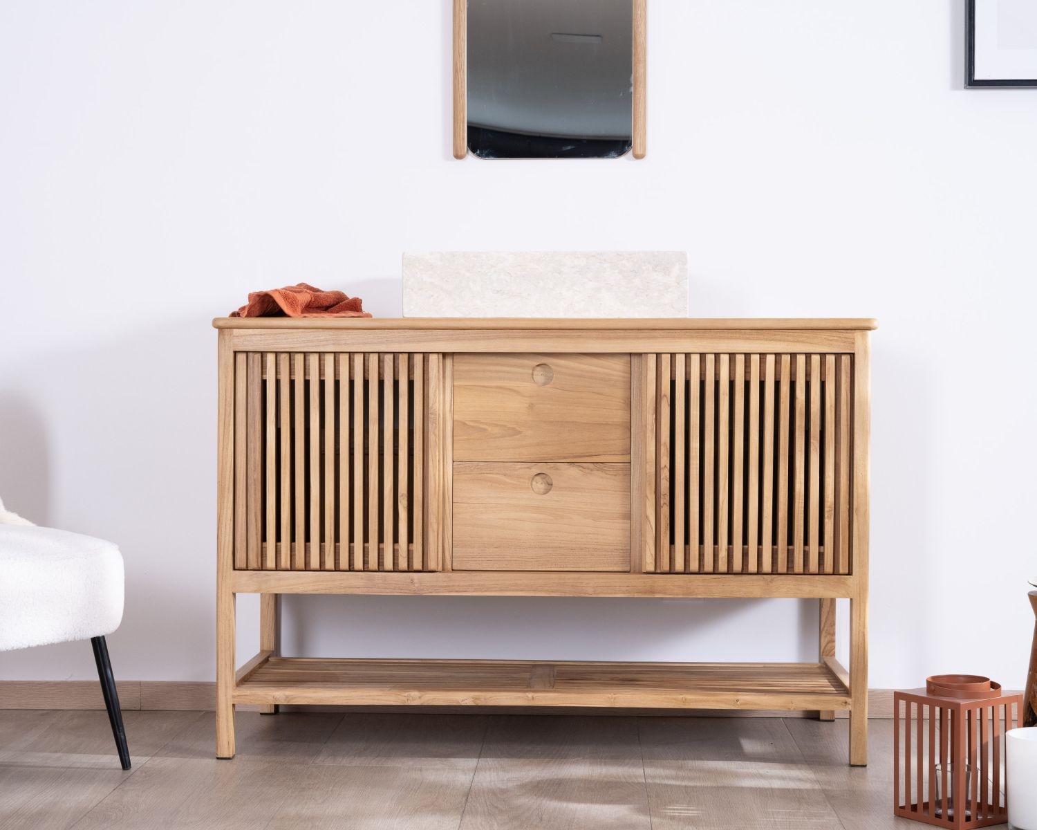 Meuble sous vasque 120 cm en teck 2 portes coulissantes "Bulle"