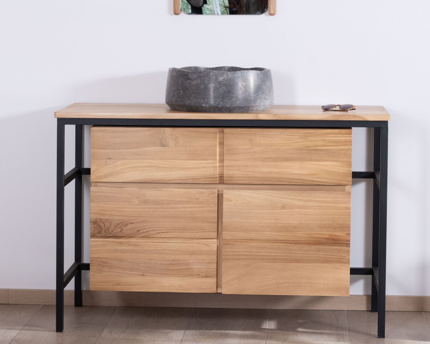 Meuble sous vasque contemporain en teck 120 cm "Wavy" piètement design en métal