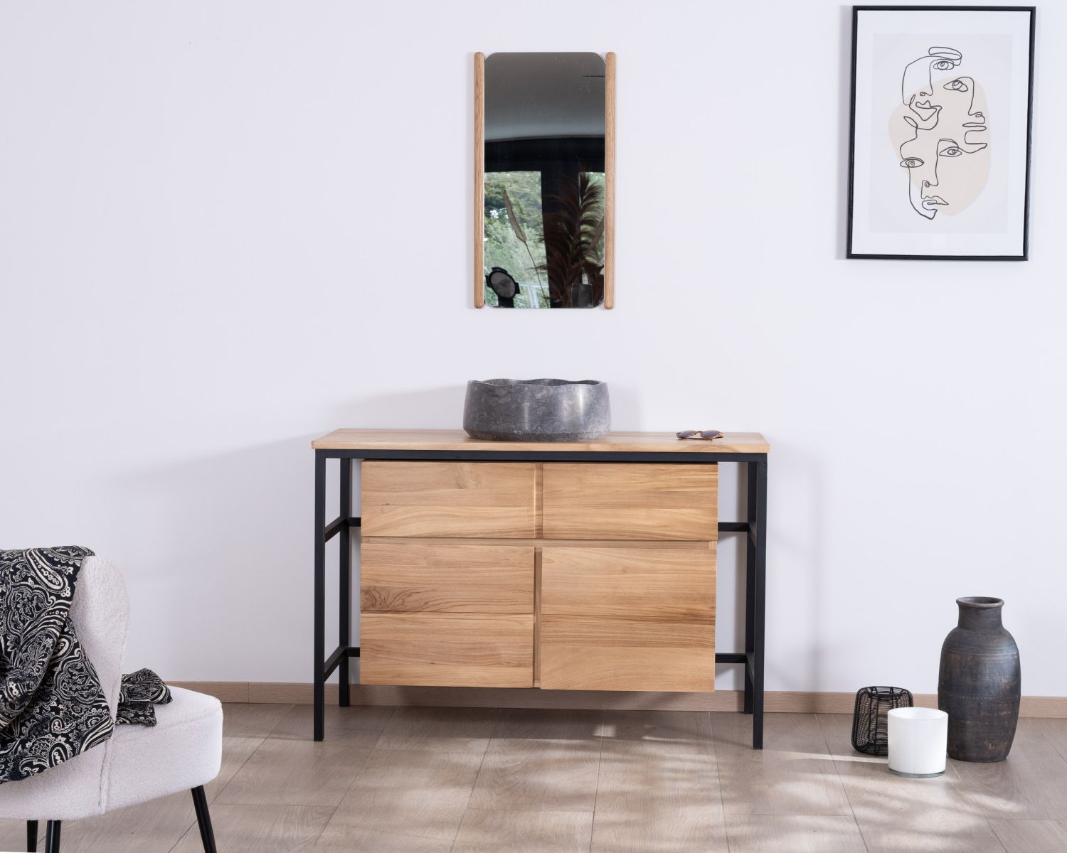 Meuble sous vasque contemporain en teck 120 cm "Wavy" piètement design en métal