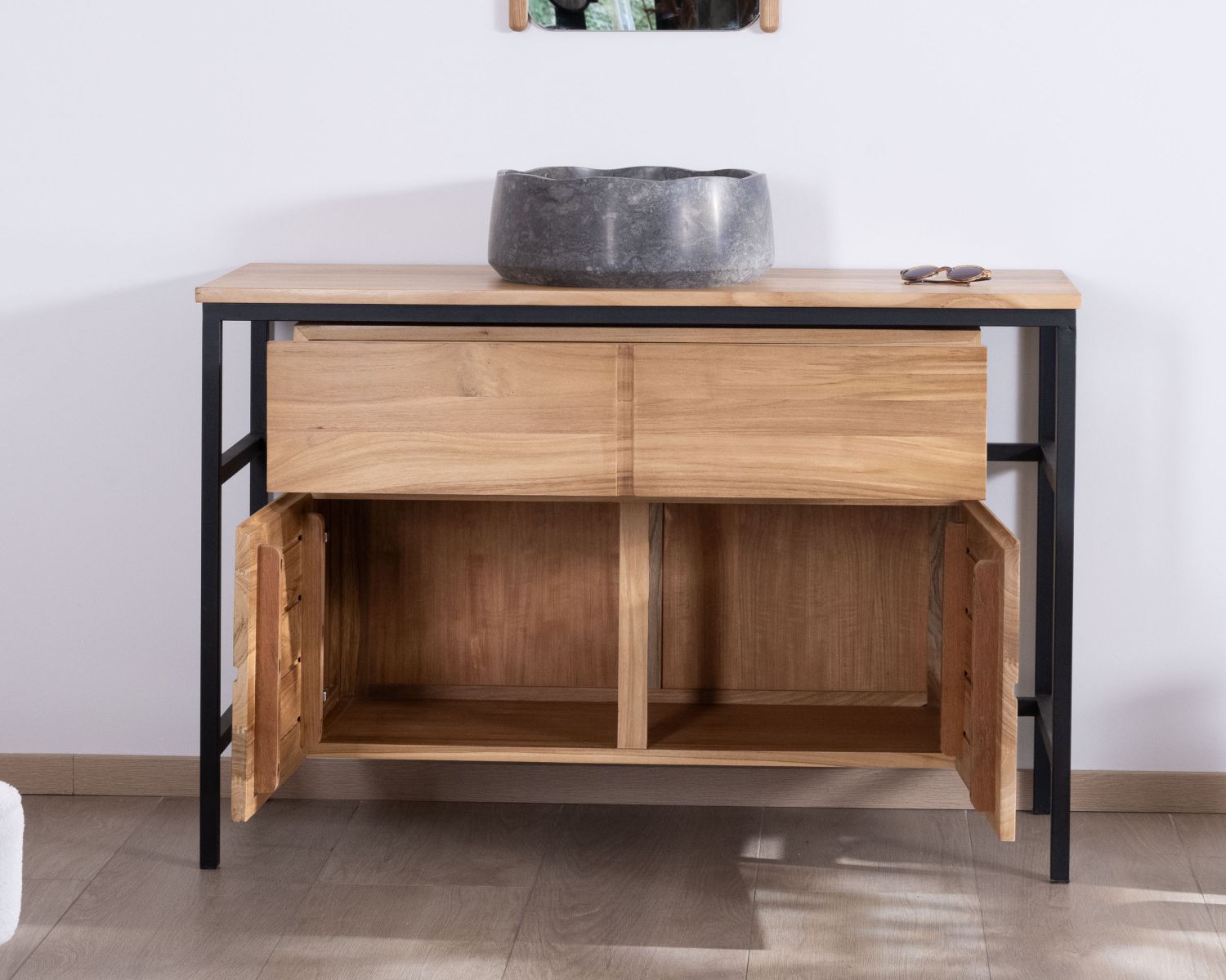 Meuble sous vasque contemporain en teck 120 cm "Wavy" piètement design en métal