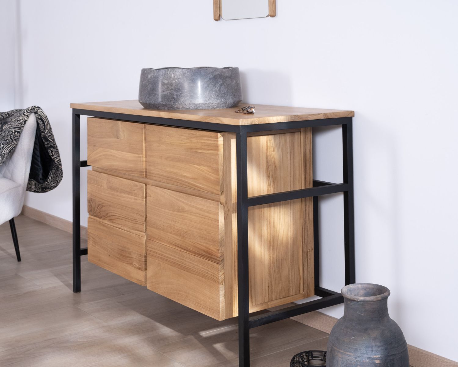 Meuble sous vasque contemporain en teck 120 cm "Wavy" piètement design en métal