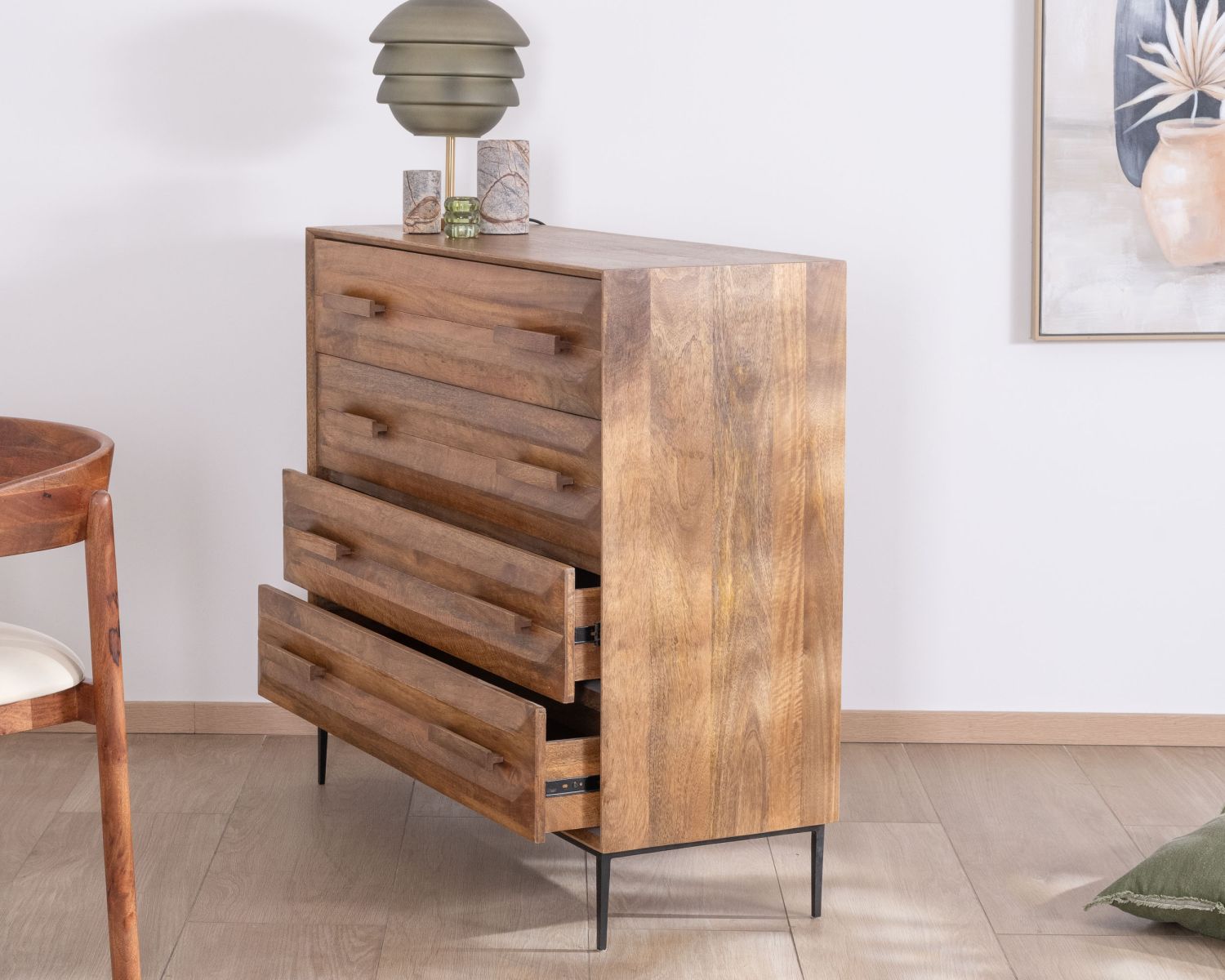 Commode 4 tiroirs grande largeur "Presto" en manguier style rétro