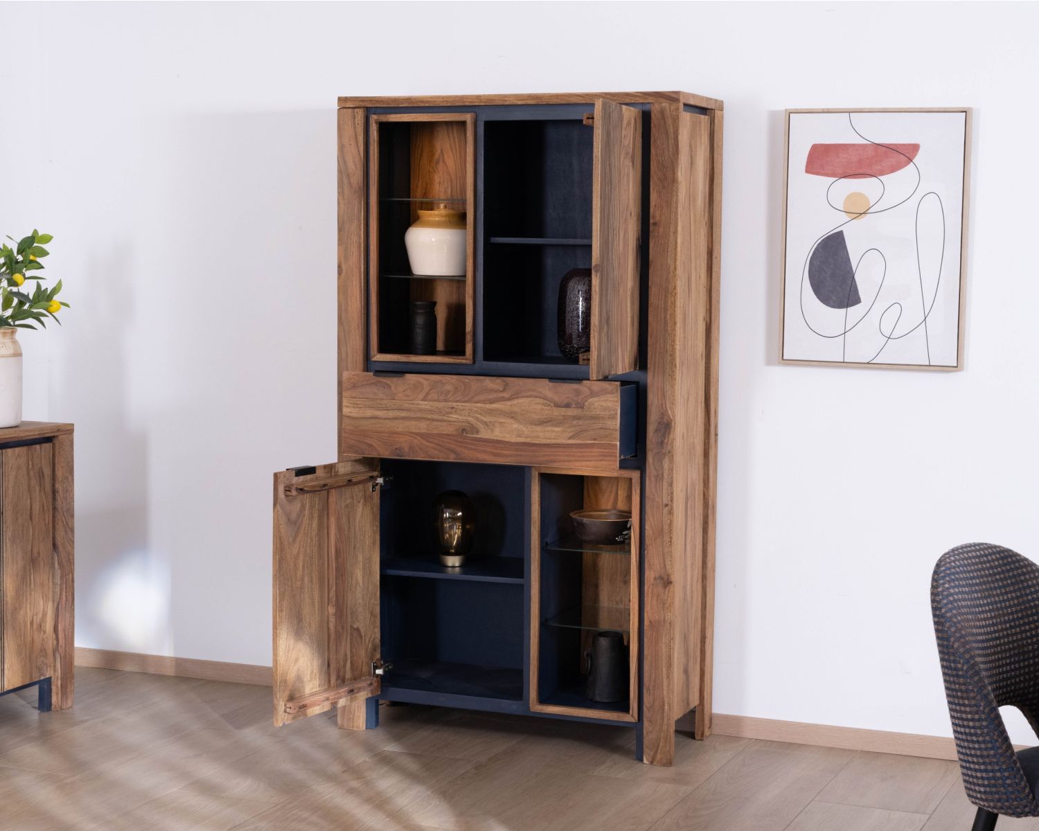 Argentier avec éclairage intérieur et étagères verre "Enoa" en palissandre et acacia