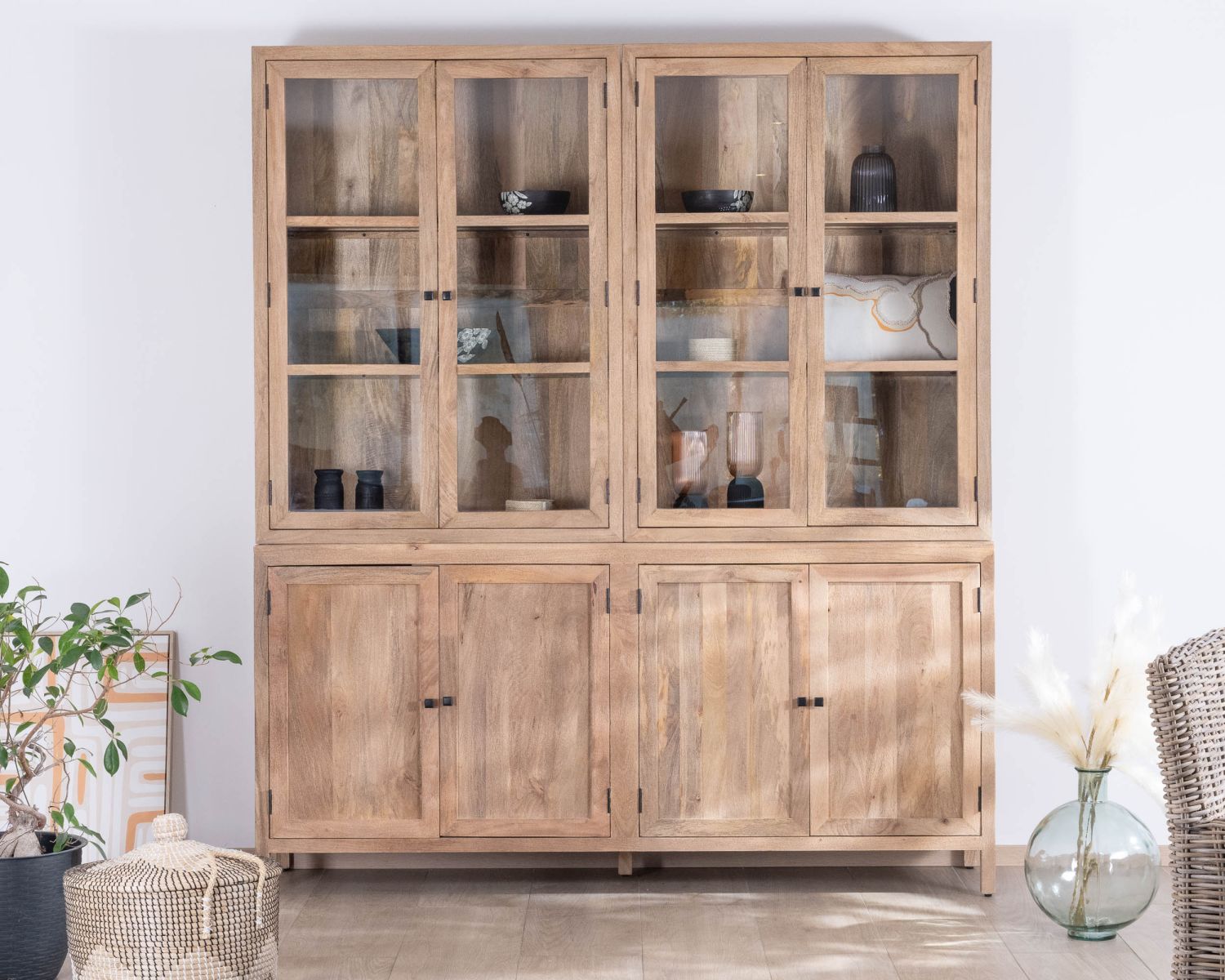 Grand vaisselier en manguier naturel et portes vitrées "Maestro" 200 cm