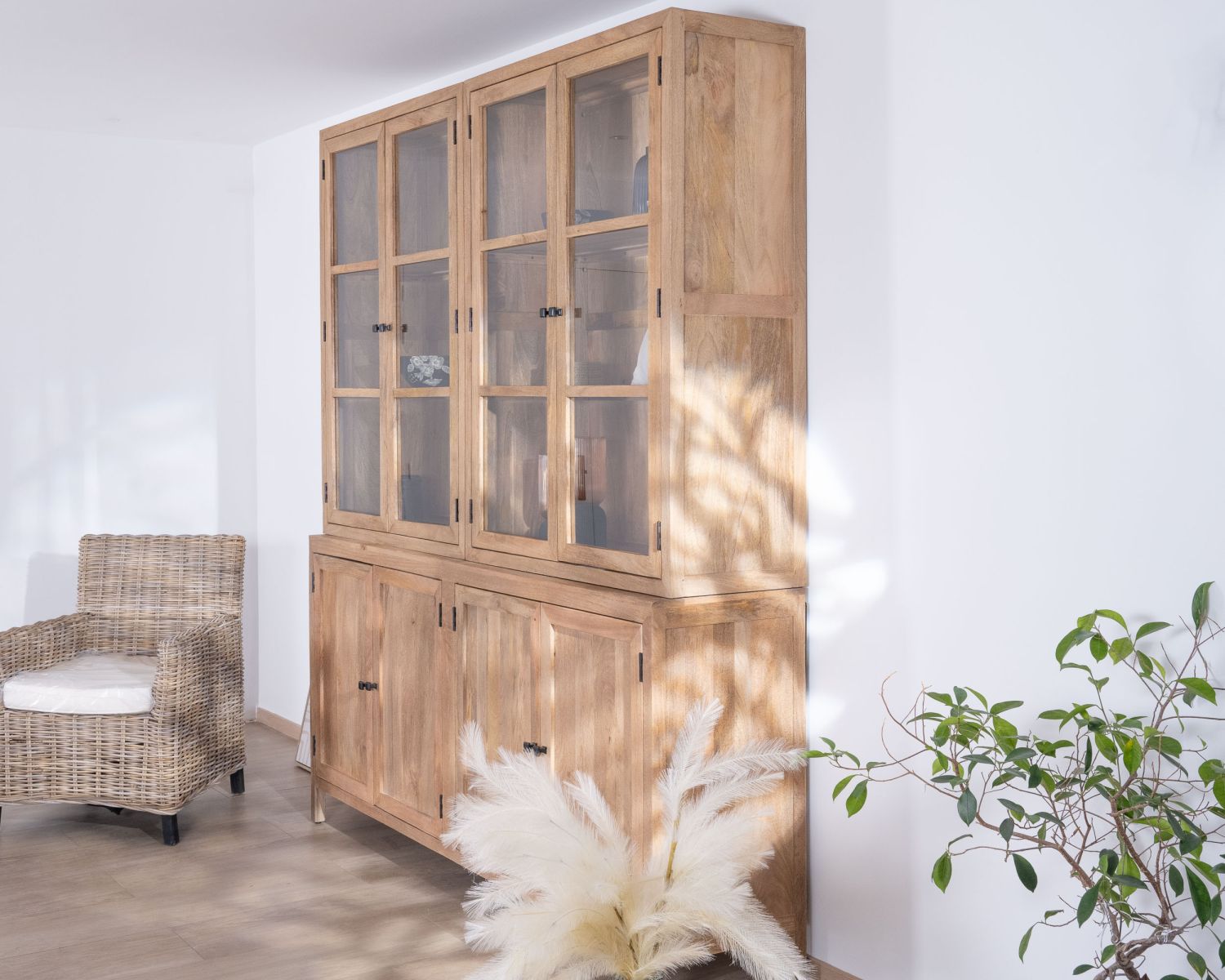 Grand vaisselier en manguier naturel et portes vitrées "Maestro" 200 cm