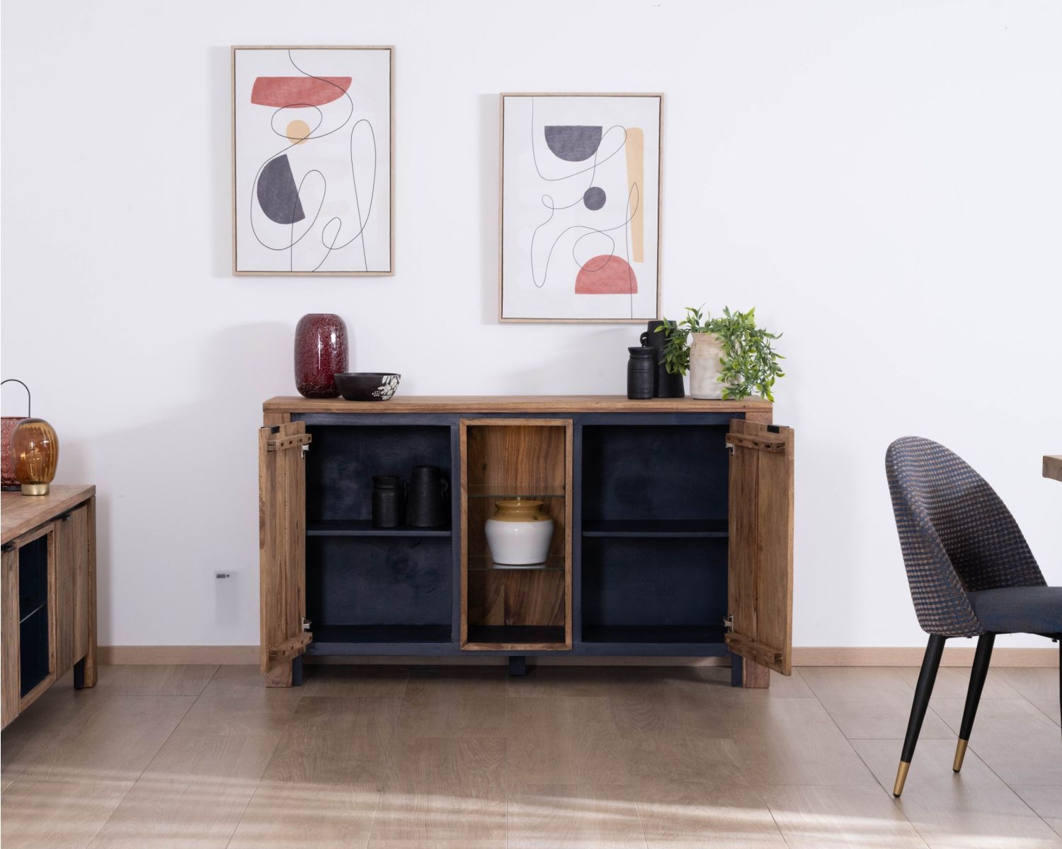 Bahut en palissandre et acacia "Enoa" avec étagères en verre