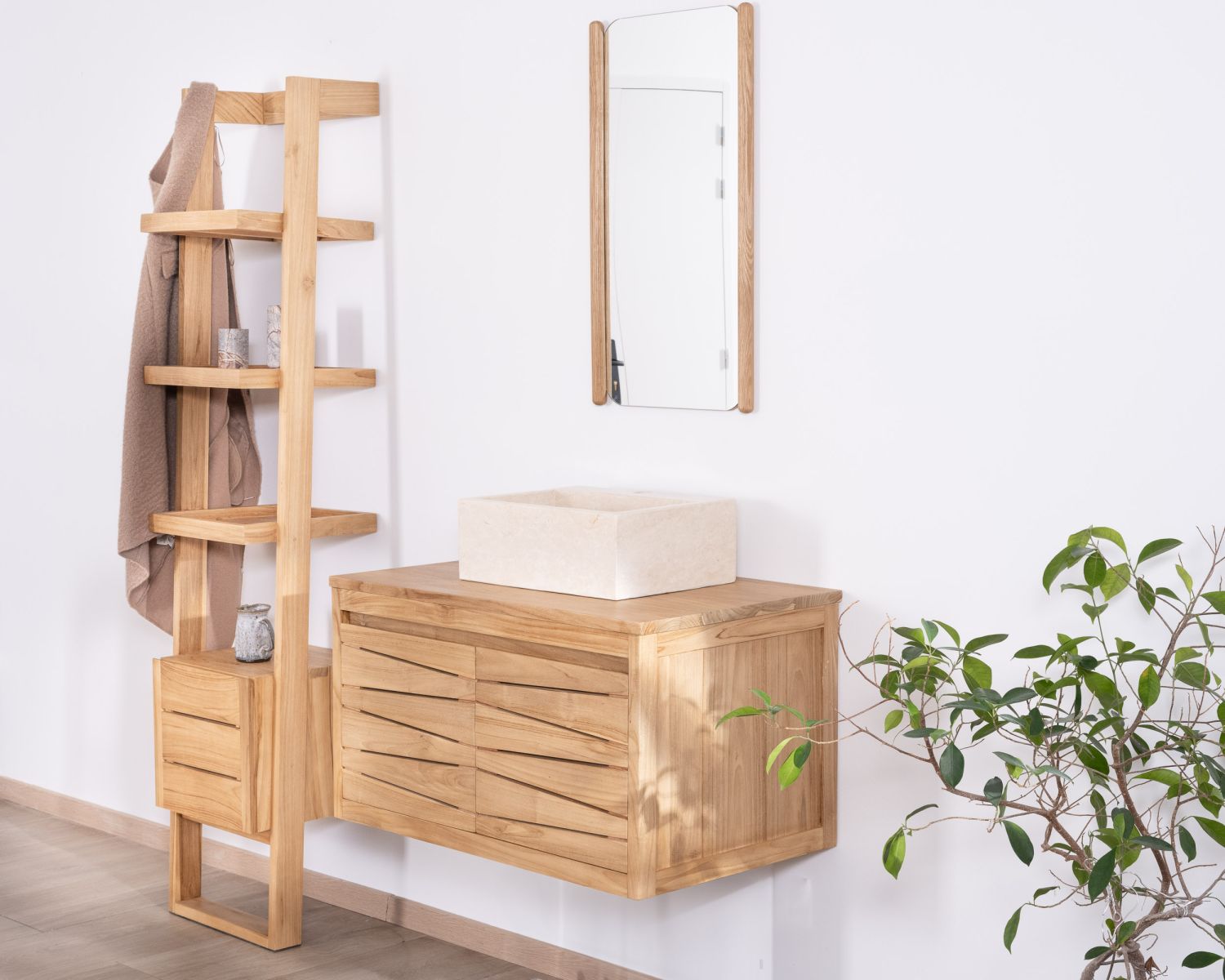 Meuble suspendu en teck pour vasque à poser "Moho" 80 cm