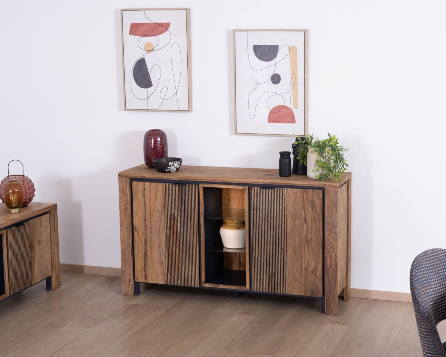 Bahut en palissandre et acacia "Enoa" avec étagères en verre