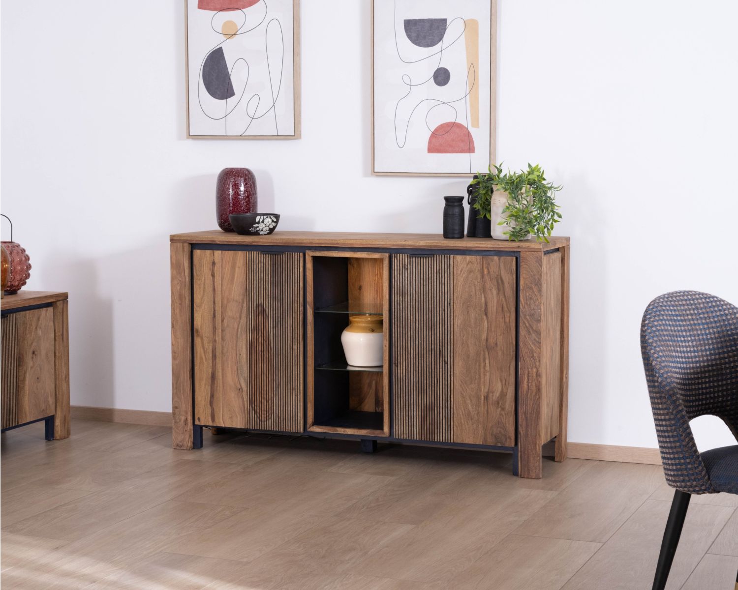 Bahut en palissandre et acacia "Enoa" avec étagères en verre