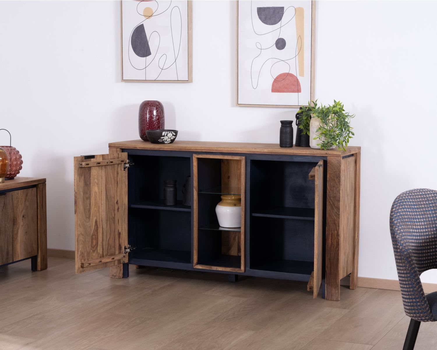 Bahut en palissandre et acacia "Enoa" avec étagères en verre