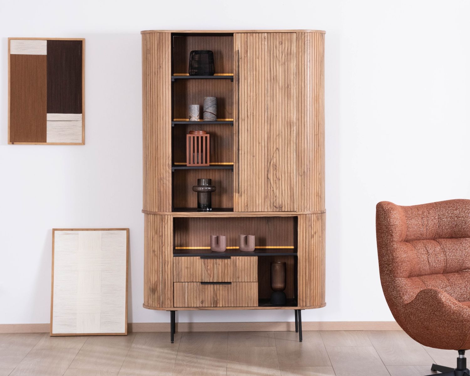 Meuble haut multi-rangement design rétro "Bopee" acacia avec éclairage LED